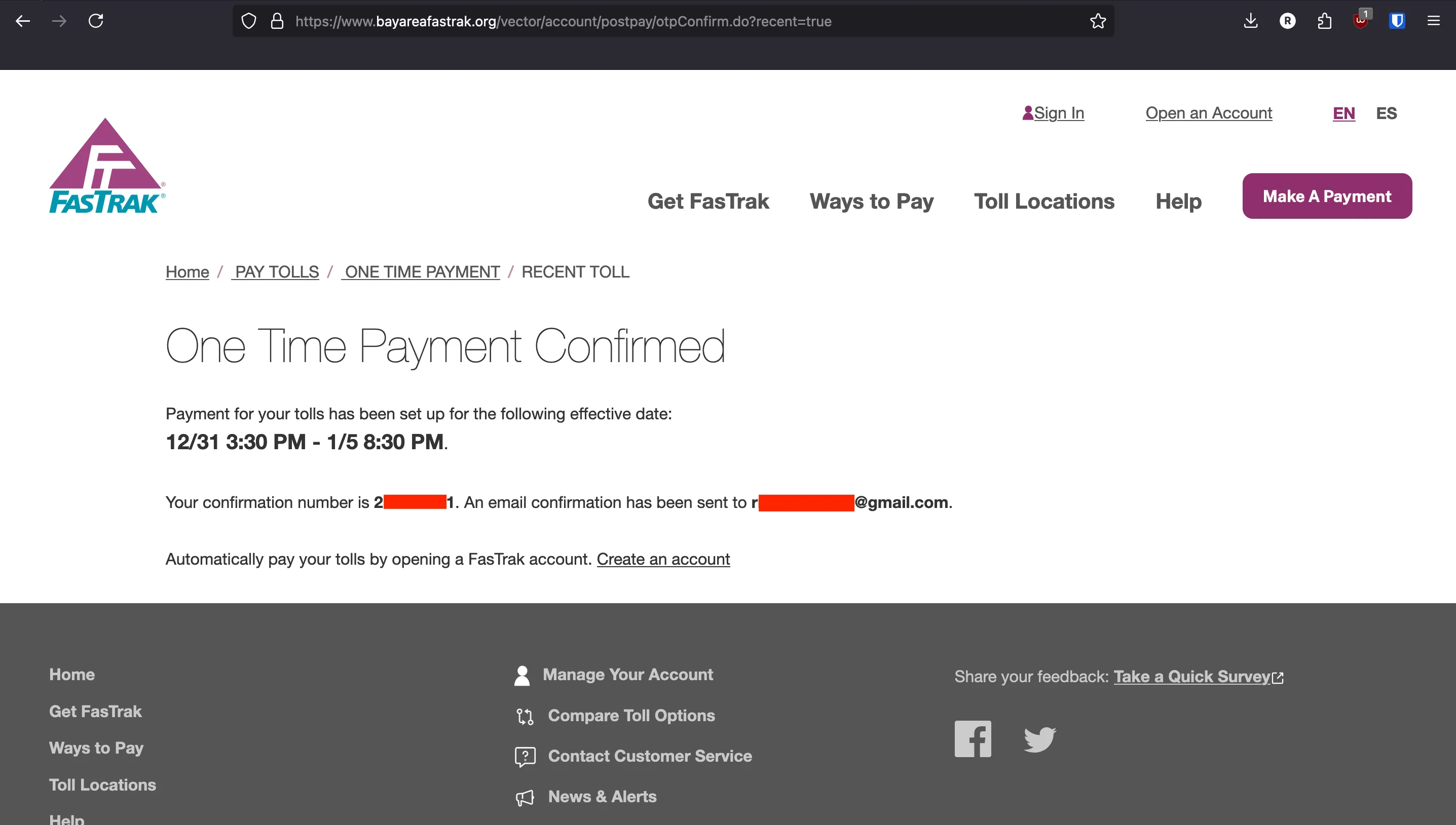 Bay Area FasTrak Recent Crossing successful setup