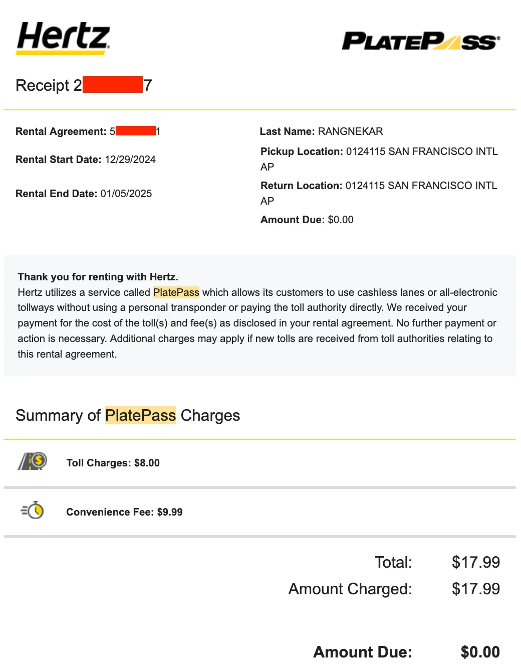 Hertz toll receipt